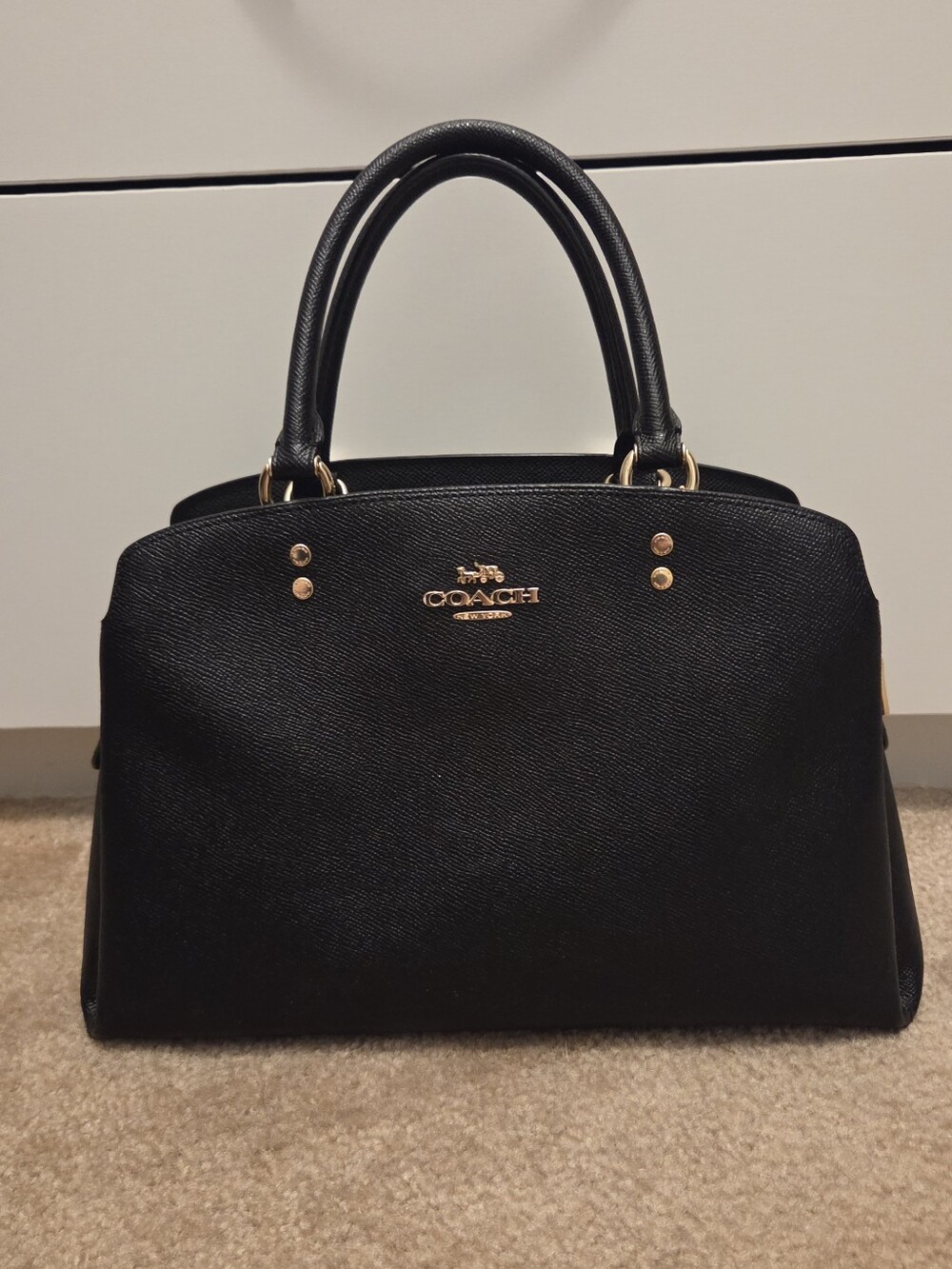 Coach Carry-All Black Leather Satchel with Gold-Tone Accents
